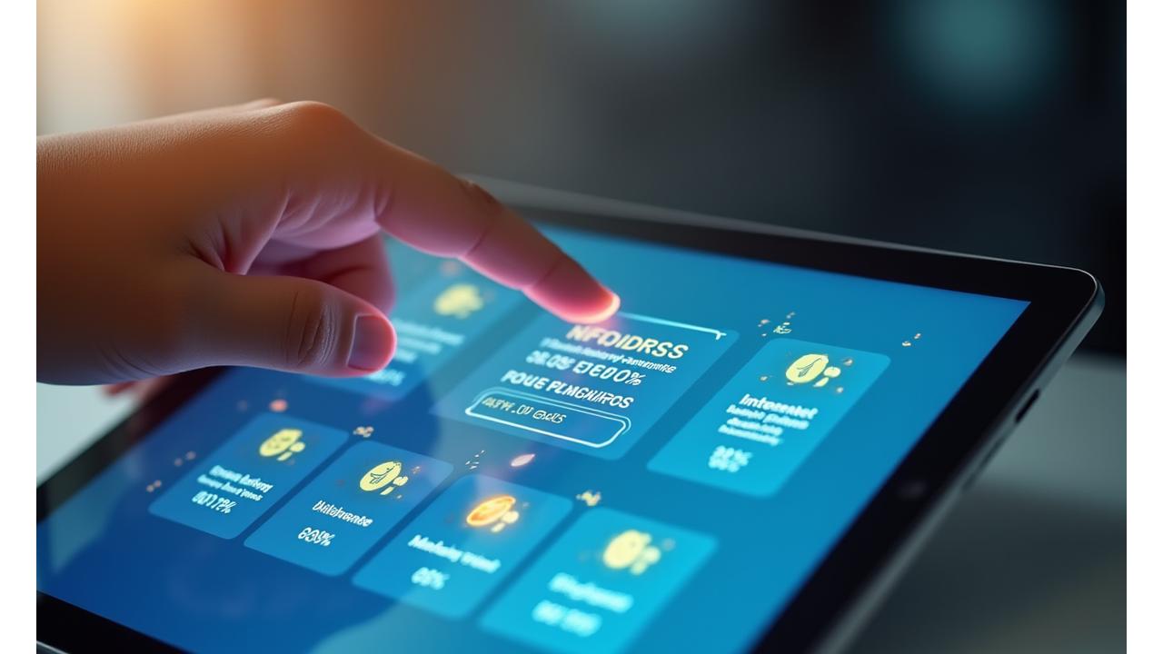 Illustration d'une main touchant un écran tactile avec des graphiques de progression et des icônes de financement, symbolisant un outil d'évaluation interactif pour les projets d'innovation.
