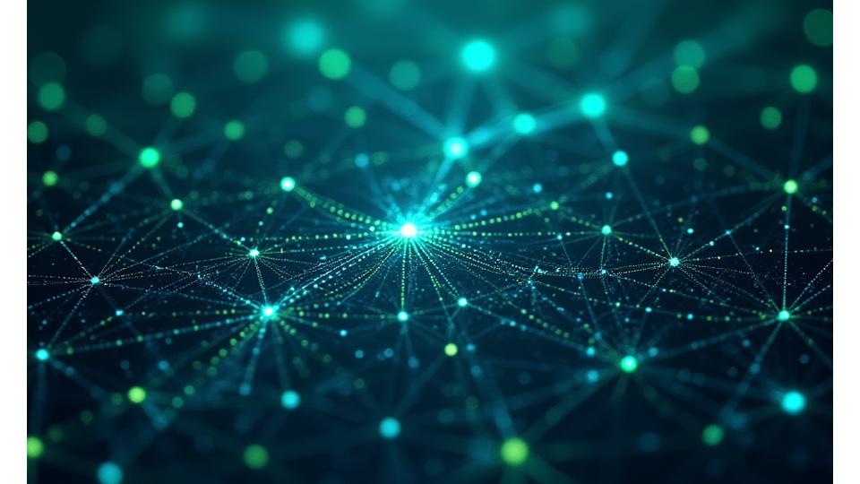 Illustration d'un réseau complexe de flèches et de points luminescents, représentant l'écosystème des aides à l'innovation interconnectées.