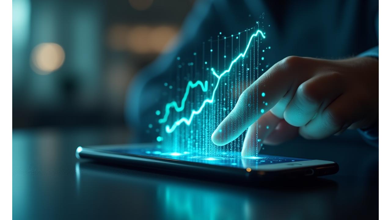 Graphiques de croissance numérique et main tenant un smartphone, symbolisant la transformation digitale financée pour les PME.
