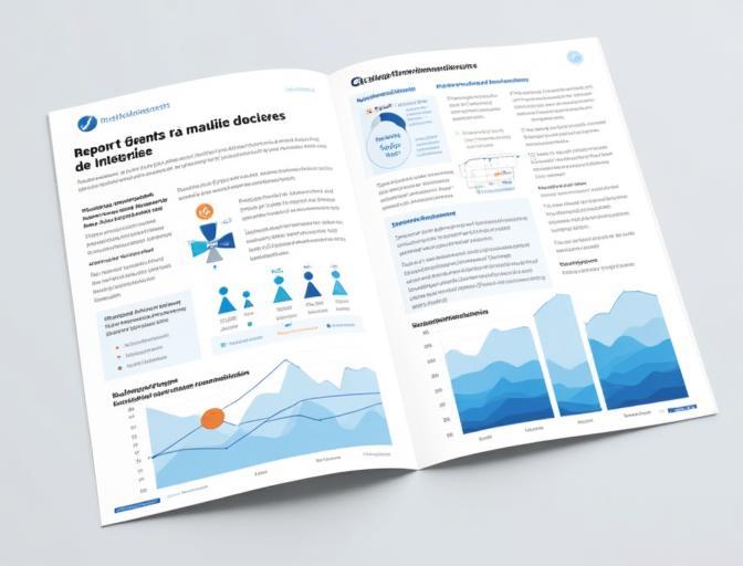 Maquette d'un rapport d'audit professionnel ouvert, affichant des graphiques clairs, des sections d'analyse et des recommandations. Les couleurs utilisées sont celles de la palette de la marque, avec des accents lumineux.