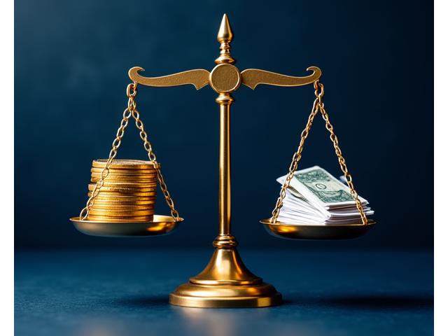 Une balance de la justice avec des pièces de monnaie d'un côté et un dossier de subvention de l'autre, symbolisant les risques financiers liés à une mauvaise conformité. Lumière dramatique accentuant la tension. Accents bleus et dorés.