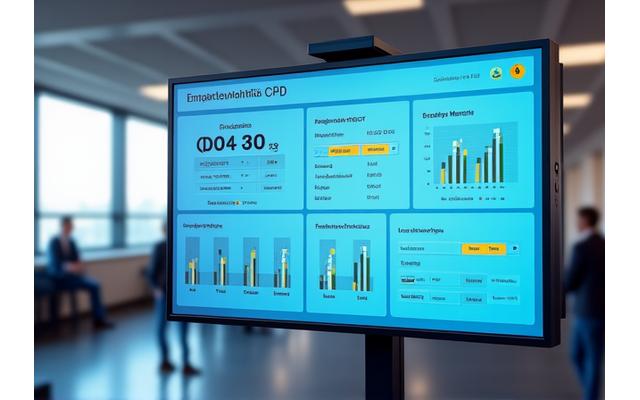 Démonstration d'une interface de tableau de bord numérique épurée et intuitive affichant l'état de conformité des subventions, des indicateurs clés et des alertes d'échéance. Des graphiques interactifs et des icônes claires sont visibles. Teintes de bleu, vert et jaune accent.