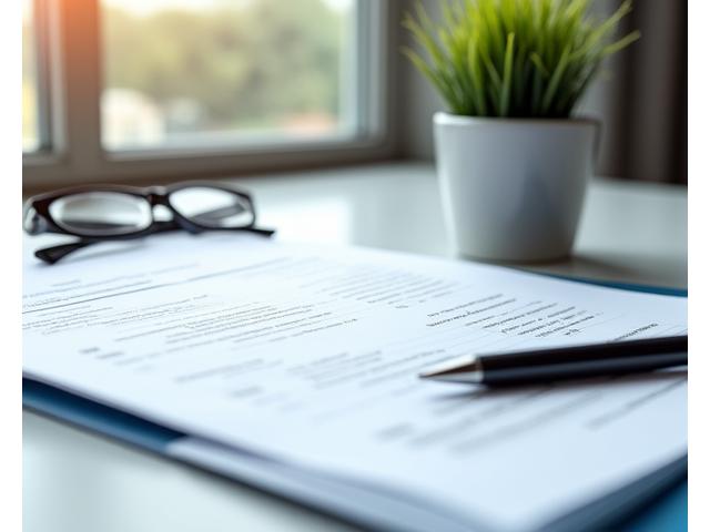 Documents professionnels et stylo sur un bureau, symbolisant la rigueur et la confidentialité dans le traitement des dossiers de financement