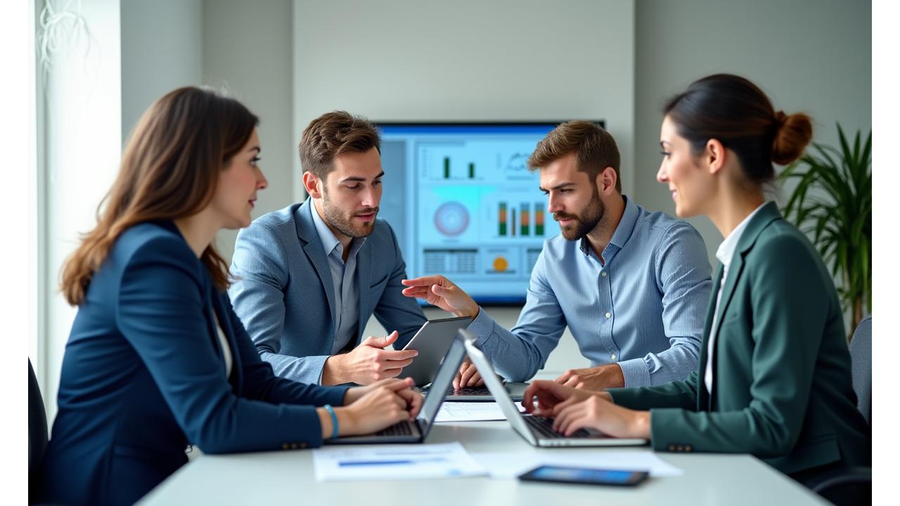 Équipe d'experts Quixello Impact collaborant autour de documents financiers, symbolisant le conseil et l'accompagnement personnalisé