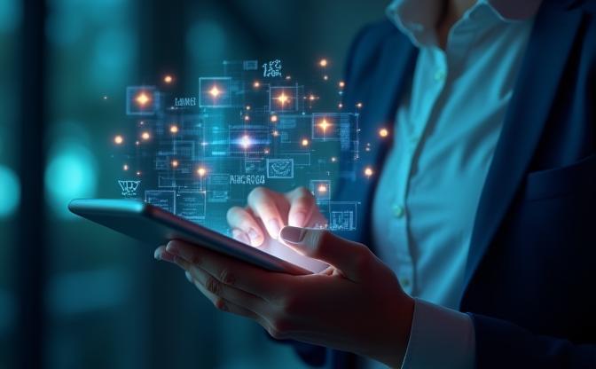 Entrepreneur utilisant une tablette graphique, avec des icônes numériques flotant autour représentant l'innovation et la connectivité pour la digitalisation des PME