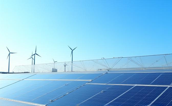 Panneaux solaires sur un toit de bâtiment moderne, avec des éoliennes en arrière-plan sous un ciel bleu, représentant la transition énergétique