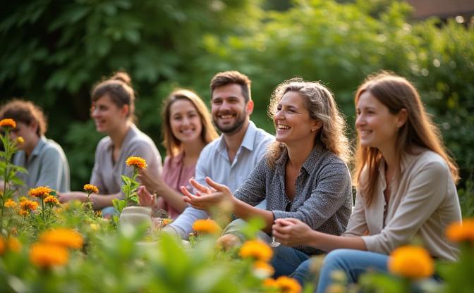 Groupe de bénévoles souriants et diversifiés œuvrant ensemble dans un jardin communautaire, symbolisant l'Economie Sociale et Solidaire et les associations
