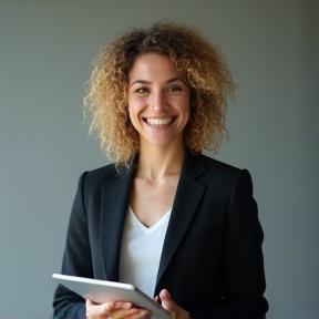Portrait d'une jeune femme aux cheveux bouclés, Marie Dubois, avec un sourire professionnel et une tablette à la main, représentant une analyste financière