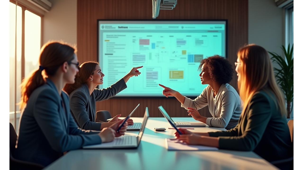 Équipe de consultants Quixello Impact et clients collaborant autour d'une table, partageant des idées, des documents et des graphiques sur des écrans, dans un environnement de bureau moderne et lumineux. Ambiance de travail positive et productive.