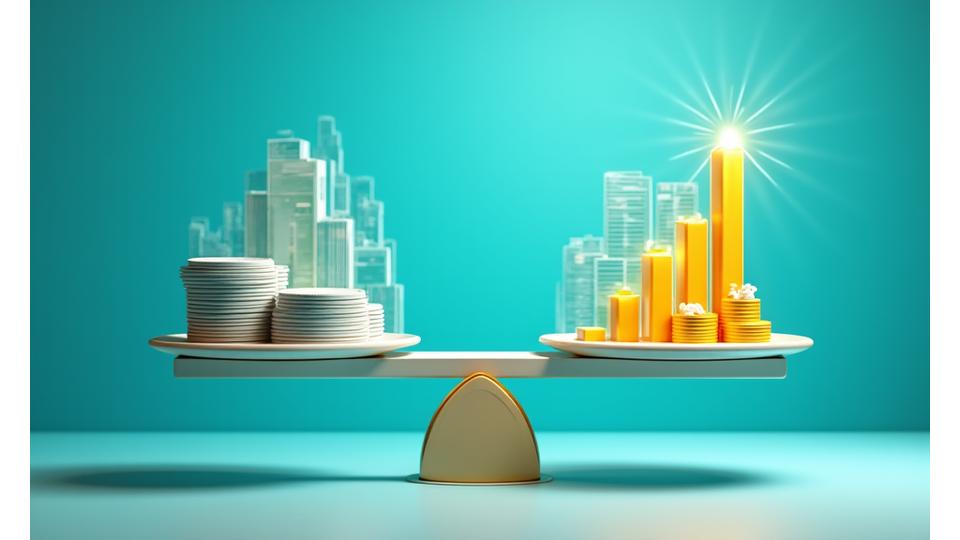 Une main plaçant un dossier de subvention sur une balance avec des icônes de devises et une horloge, symbolisant un équilibre entre coût, temps et valeur des financements. Un fond graphique abstrait représentant la croissance financière.