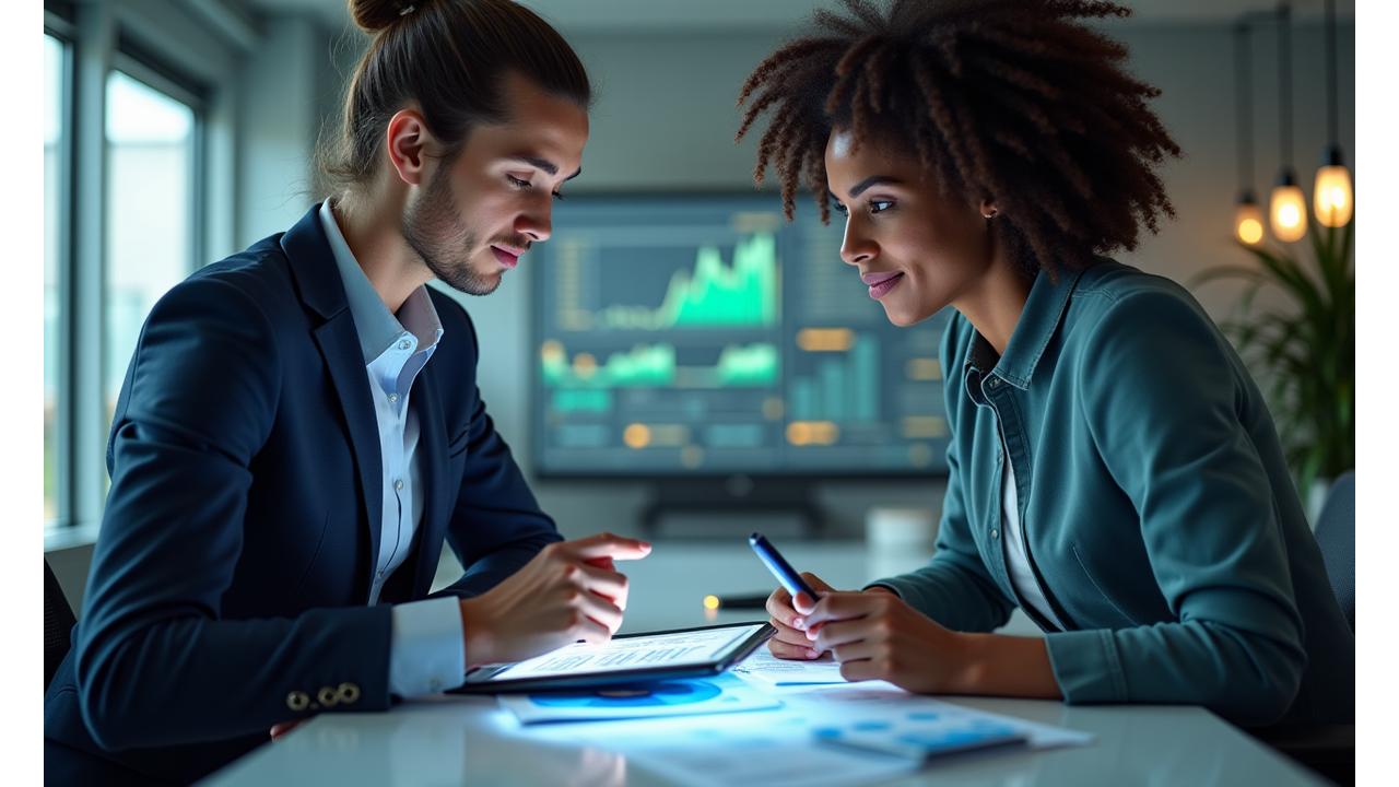 Professionnels analysant un document complexe avec des graphiques de succès de financement en arrière-plan, symbolisant l'expertise de Quixello Impact.