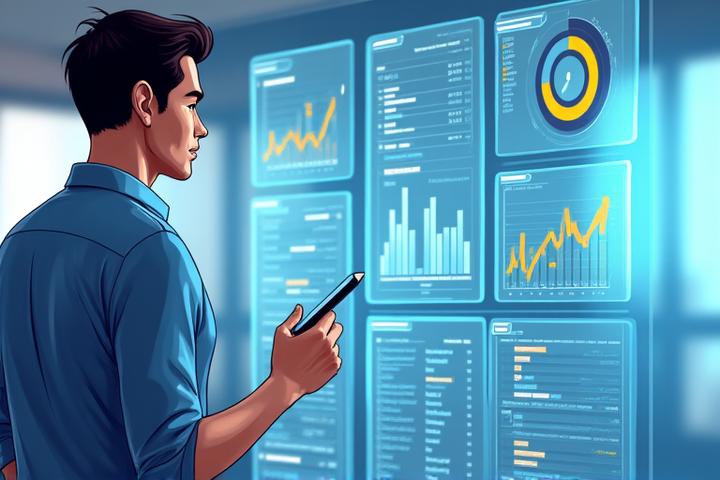 Illustration d'un professionnel en costume devant un tableau de bord numérique affichant des graphiques, des icônes de devises et des listes à cocher, symbolisant l'analyse et l'identification des sources de financement possibles.