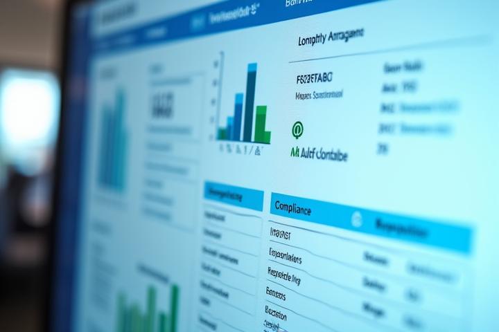Écran d'ordinateur affichant un tableau de bord de conformité avec des graphiques clairs, des indicateurs verts de succès et des icônes d'audit, symbolisant la simplification et la maîtrise des obligations de reporting.