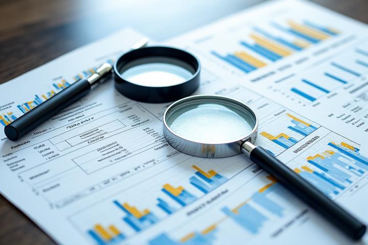 Illustration représentant une loupe au-dessus de graphiques financiers complexes, des schémas de business plan et des prévisions de chiffres, symbolisant l'analyse détaillée et la vision stratégique des études de faisabilité.