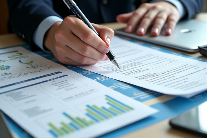 Gros plan sur des mains en train de rédiger des documents, un stylo en main sur un dossier ouvert avec des schémas et des chiffres, symbolisant la rigueur et l'expertise dans la rédaction de demandes de subventions.