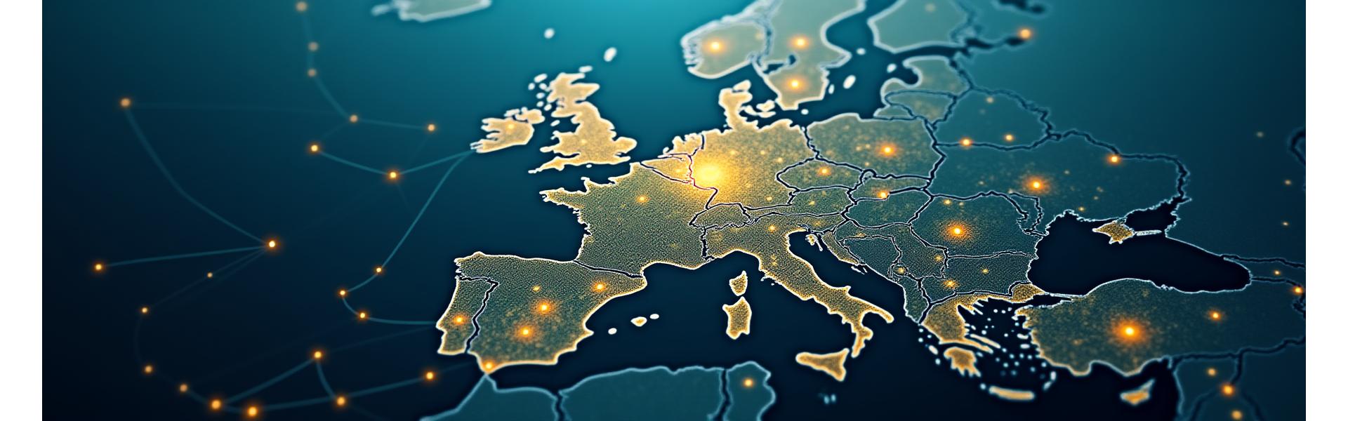 Vue aérienne stylisée de la France et de l'Europe connectées par des lignes de données dorées, symbolisant les flux de financement public et l'accès à des opportunités nationales et européennes pour maximiser les subventions.