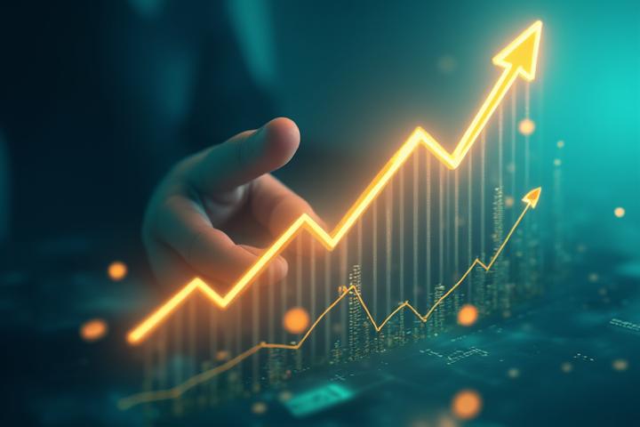 Illustration d'une main traçant un chemin ascendant sur un graphique boursier numérique, avec des éléments de croissance et d'optimisation financière, symbolisant l'accroissement des opportunités de financement.