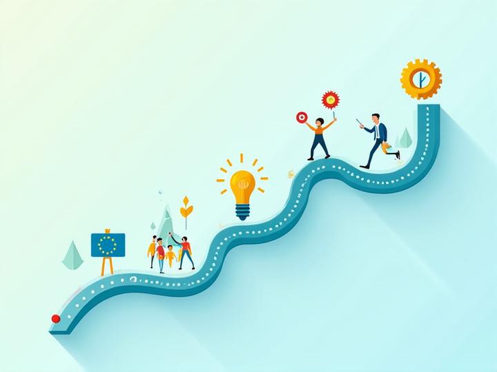 Un chemin de croissance stylisé avec des icônes représentant les étapes clés du développement d'une startup, de l'idéation aux financements européens, éclairé par des symboles de succès.