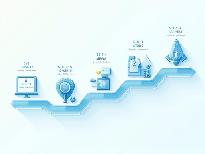 Infographie épurée illustrant un processus en cinq étapes avec des icônes représentant l'audit, le mapping, la conception, la planification et le suivi, dans les tons bleus et jaunes de la marque.