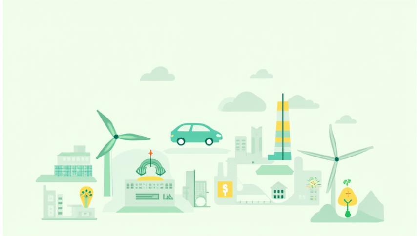 Illustration représentant divers projets de transition écologique comme des panneaux solaires, des éoliennes et un véhicule électrique.